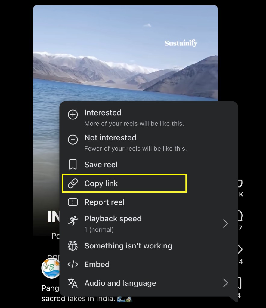 How to Use This Tool? — Copy the Reel URL — Facebook Reel share menu with Copy link selected