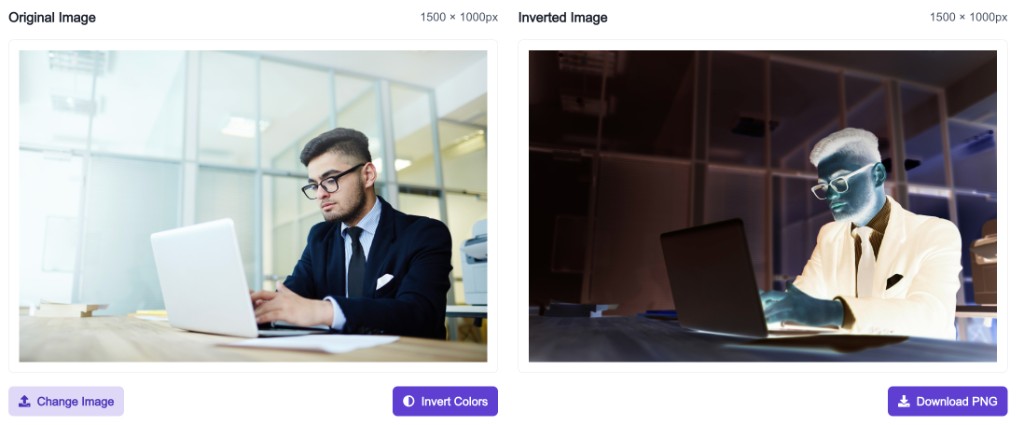 How to use this tool — Download PNG — Image Color Inverter showing original and inverted image previews with Download PNG button