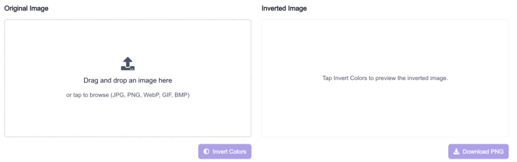 How to use this tool — Upload Your Image — Image Color Inverter upload area with drag and drop zone and Invert Colors button