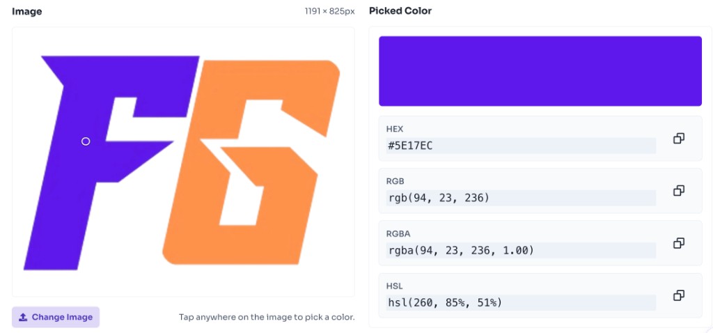 How to use this tool — Copy Color Values — Image Color Picker showing picked color swatch with HEX RGB RGBA and HSL values