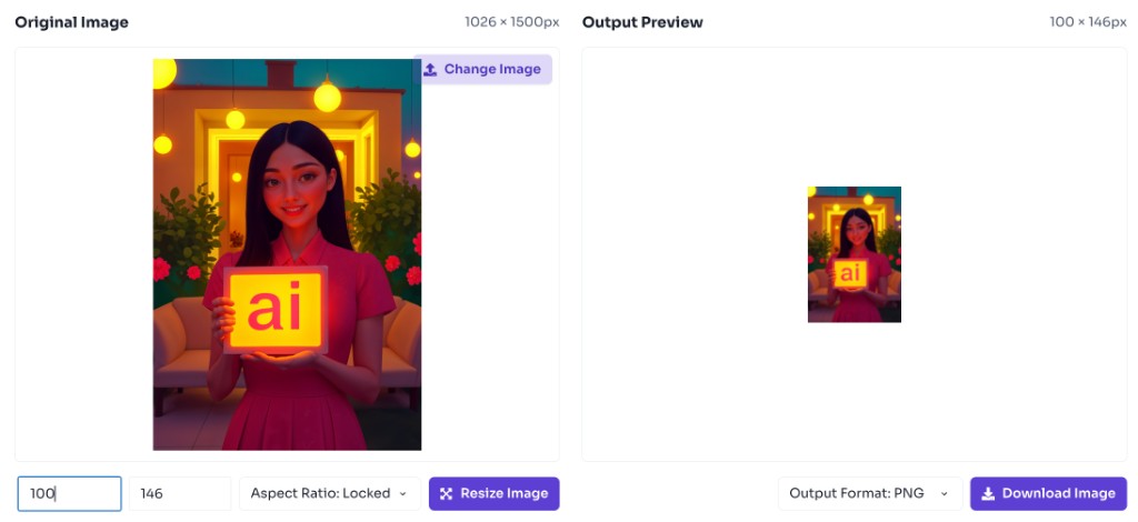 How to use this tool — Choose Output Format — Image resizer showing resized dimensions and output preview side by side