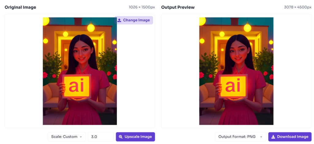 How to use this tool — Pick Output Format — Image upscaler showing custom scale and upscaled output preview side by side