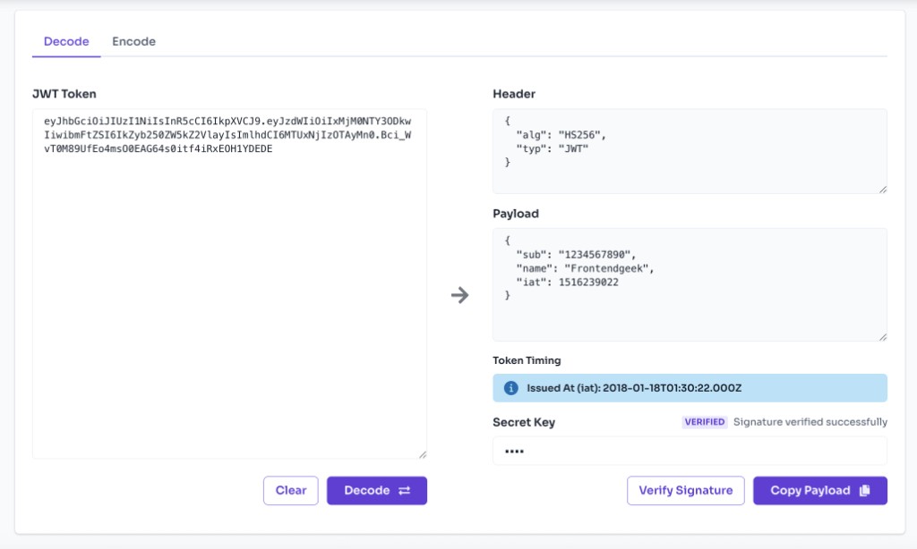 How to Decode JWT Token Using This Tool? — Inspect Header and Payload — JWT decode tool showing decoded header, payload, token timing, and signature verification How to Decode JWT Token Using This Tool? — Inspect Header and Payload — JWT decode tool showing decoded header, payload, token timing, and signature verification