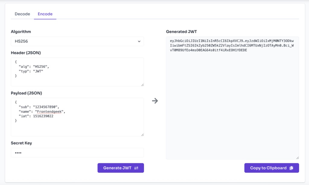 How to Decode JWT Token Using This Tool? — Encode a New JWT — JWT encode tool showing algorithm, header, payload, secret key inputs and generated JWT output How to Decode JWT Token Using This Tool? — Encode a New JWT — JWT encode tool showing algorithm, header, payload, secret key inputs and generated JWT output