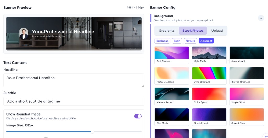 How to use this tool — Choose a Background — LinkedIn banner generator showing stock photo background selection with abstract thumbnails and live banner preview