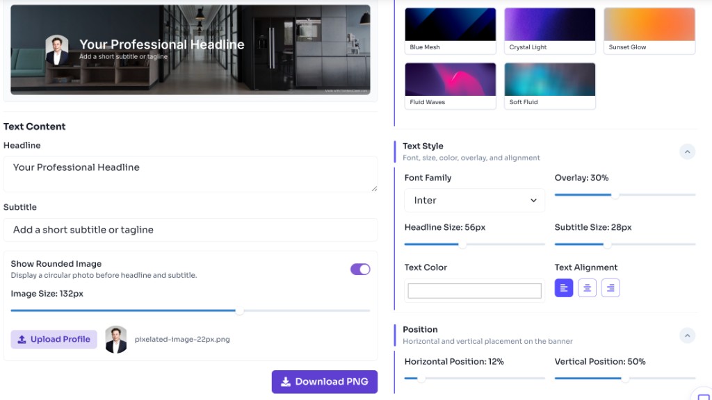 How to use this tool — Download Banner — LinkedIn banner generator showing text content, profile image upload, text style controls, and download banner button