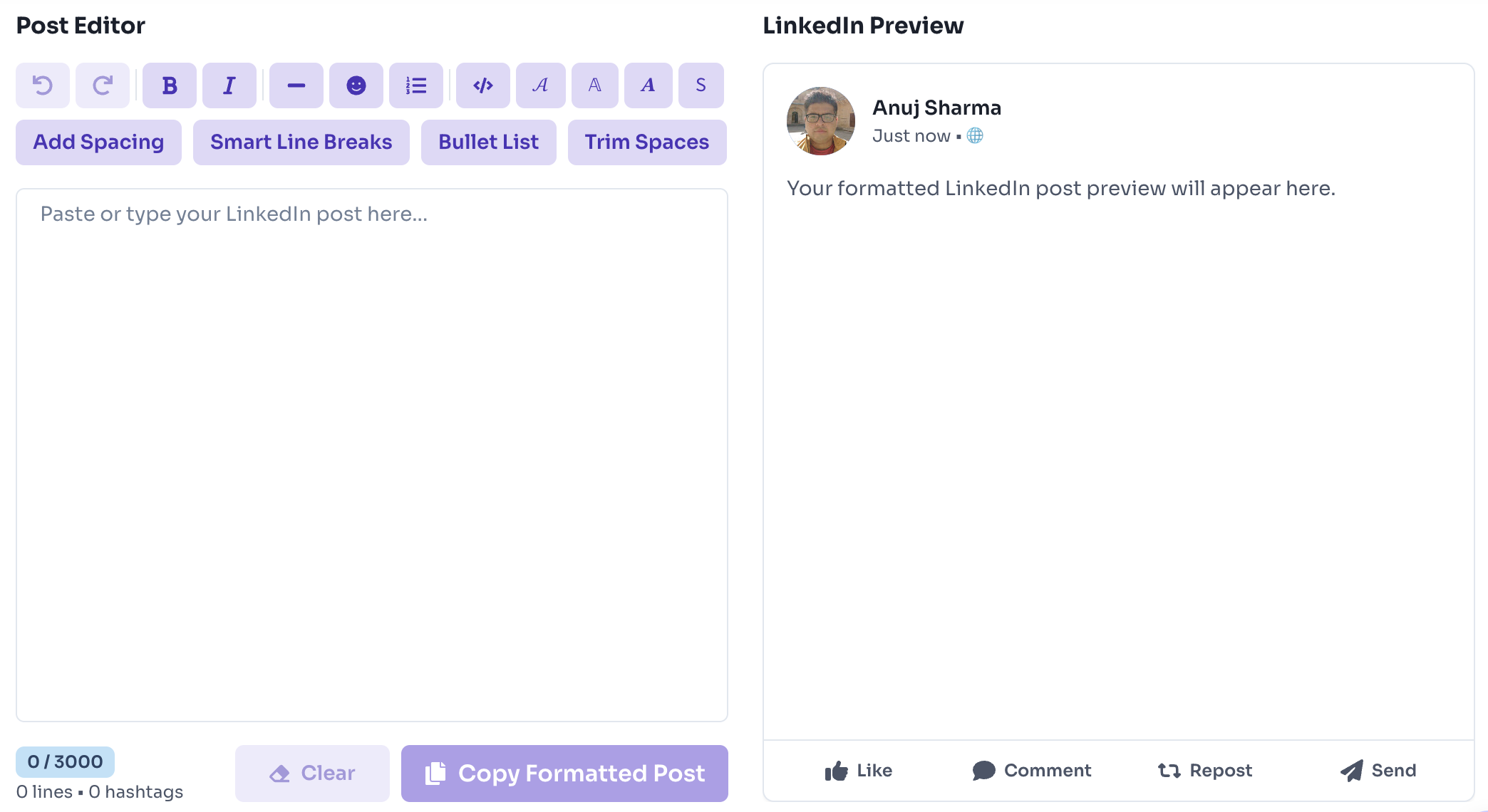 How to use this tool — Paste Your Draft — LinkedIn text formatter Post Editor with empty draft area and LinkedIn Preview placeholder