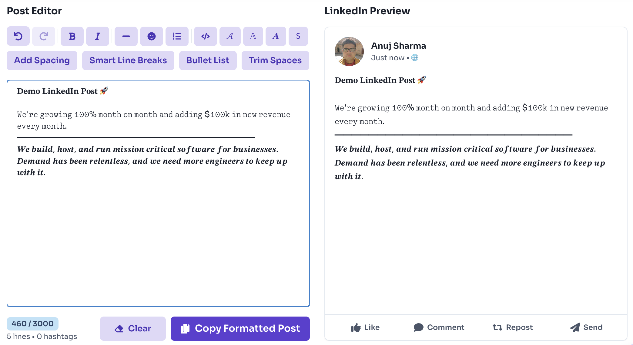 How to use this tool — Preview and Copy — LinkedIn text formatter showing formatted post preview and Copy Formatted Post button