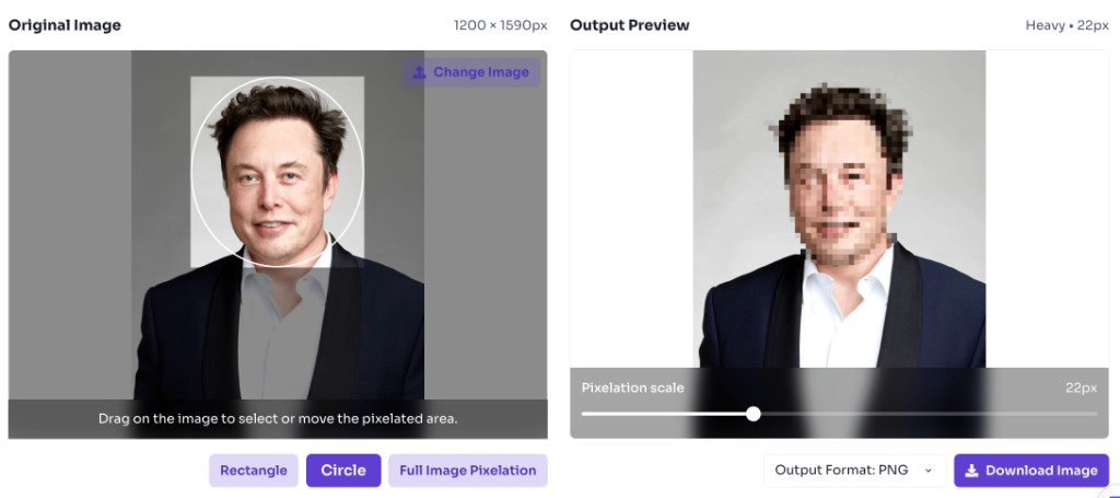 How to use the Pixelate Image Generator? — Choose Format — Pixelate Image Generator output preview with pixelation scale slider, format dropdown, and download button