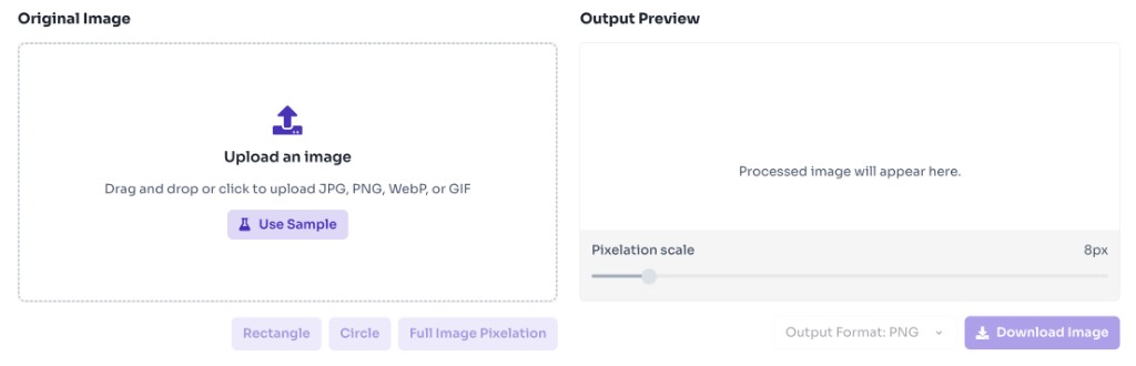 How to use the Pixelate Image Generator? — Upload Your Image — Pixelate Image Generator upload area with drag and drop zone and use sample button